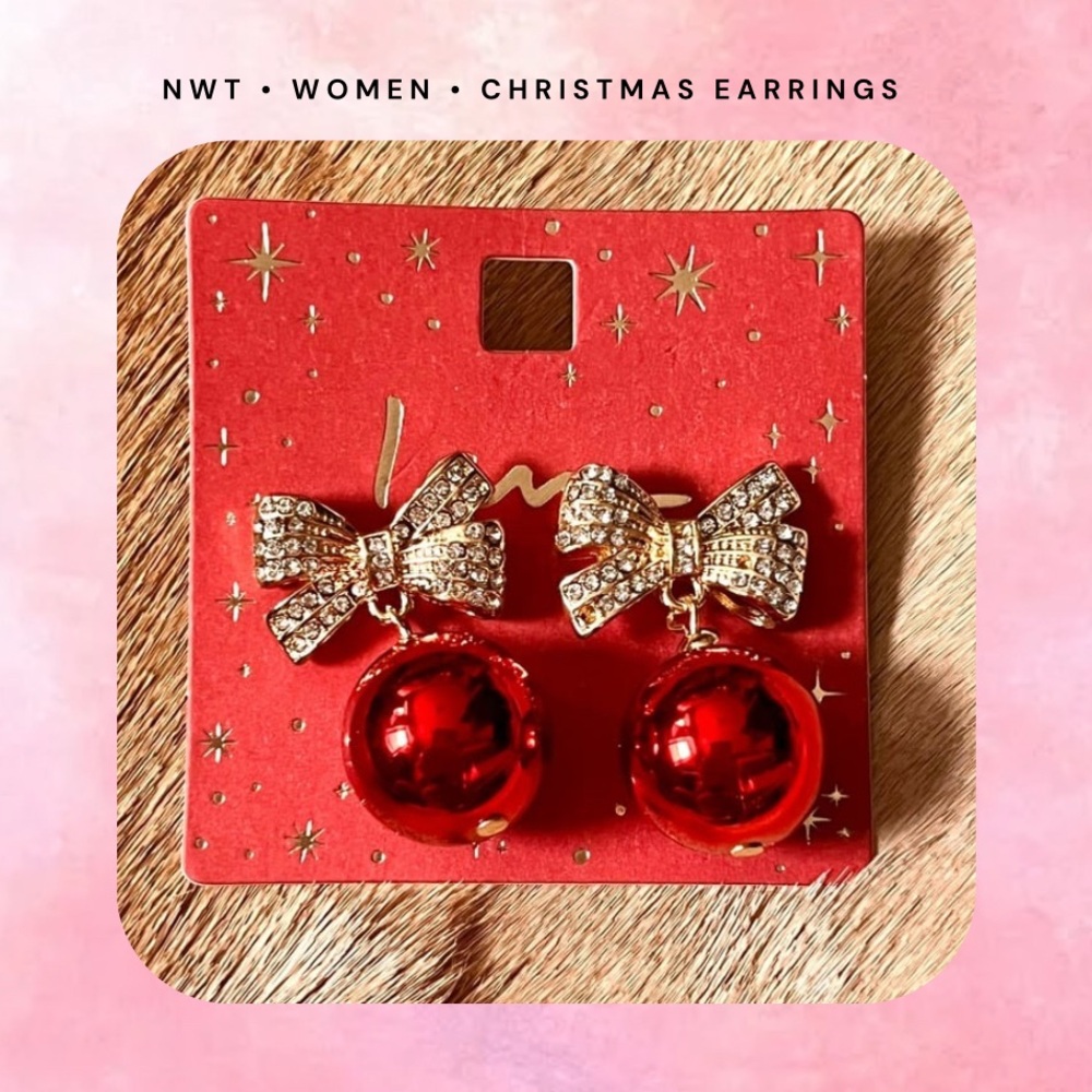 🆕 🎉 gold bow & red bauble christmas earrings